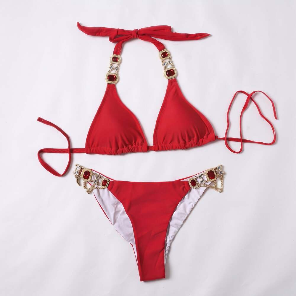 Lisa Colly Women's Swimwear Sexy Crystal Diamond Bikini Red Medium